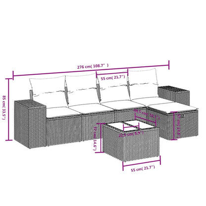 6 pcs conj. sofás jardim com almofadões vime PE cinzento-claro