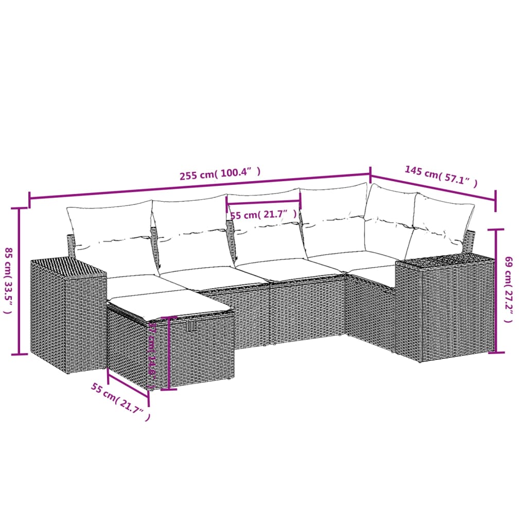 6 pcs conjunto sofás de jardim com almofadões vime cinzento