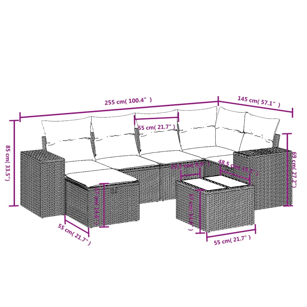 7 pcs conj. sofás jardim com almofadões vime PE cinzento-claro