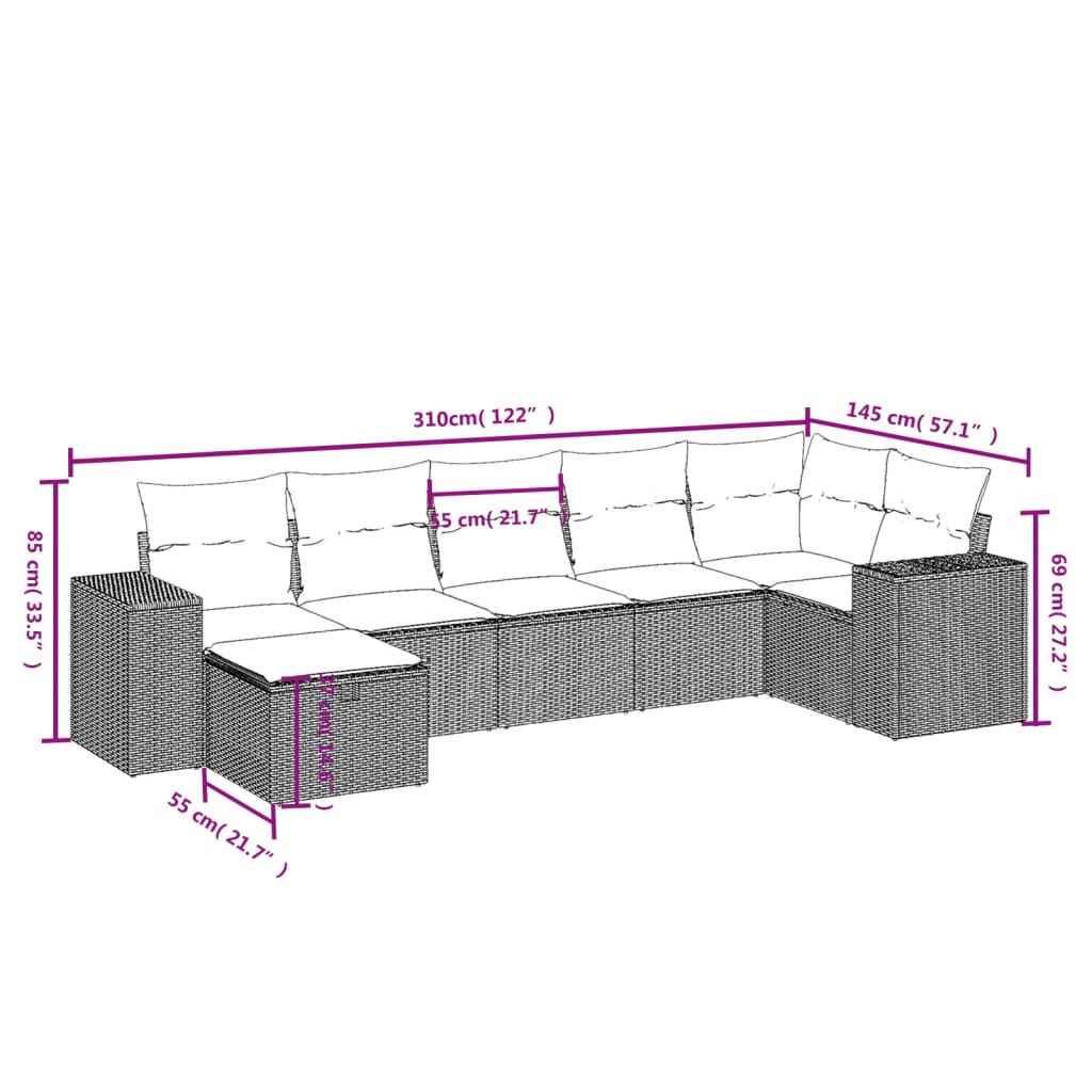 7 pcs conj. sofás jardim c/ almofadões vime PE bege misturado