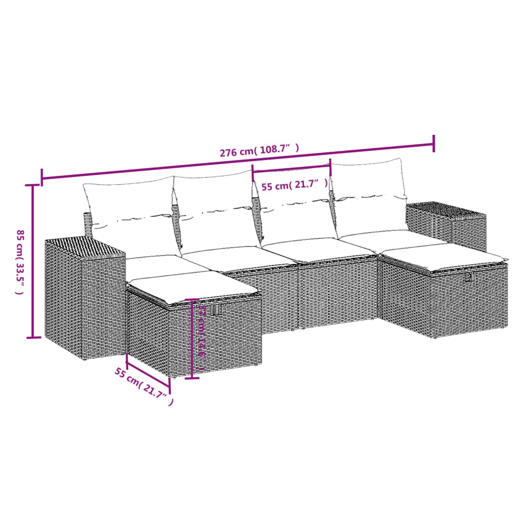 6 pcs conjunto sofás de jardim com almofadões vime cinzento