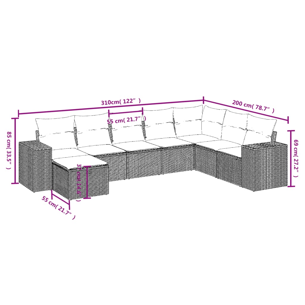 8 pcs conjunto sofás de jardim com almofadões vime PE preto