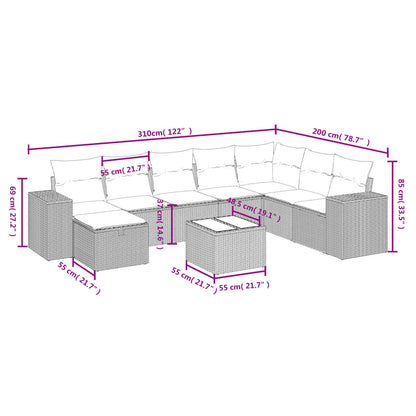 9 pcs conj. sofás jardim com almofadões vime PE cinzento-claro