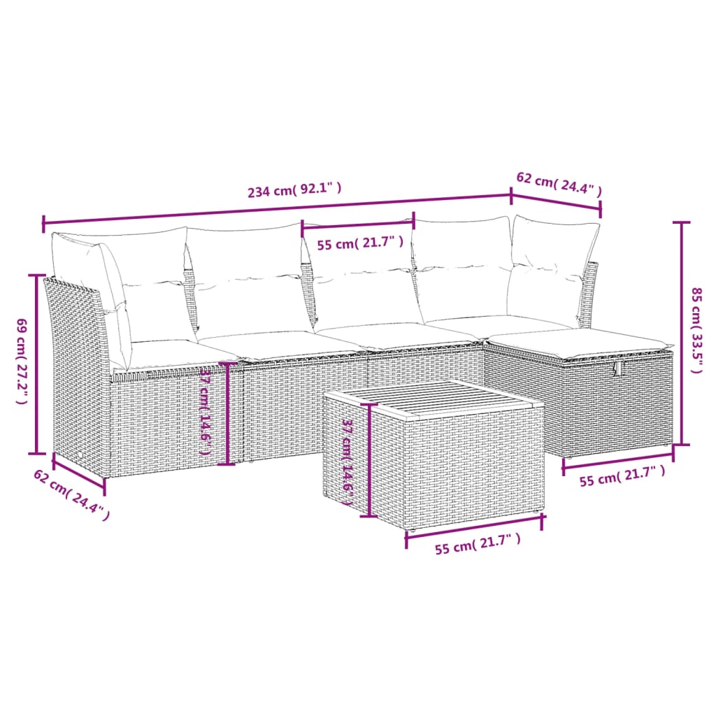 6 pcs conjunto sofás de jardim c/ almofadões vime PE preto