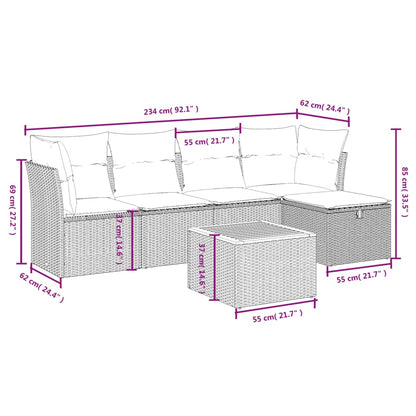 6 pcs conjunto sofás de jardim c/ almofadões vime PE preto