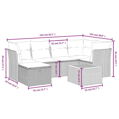 7 pcs conjunto sofás p/ jardim c/ almofadões vime PE cinzento