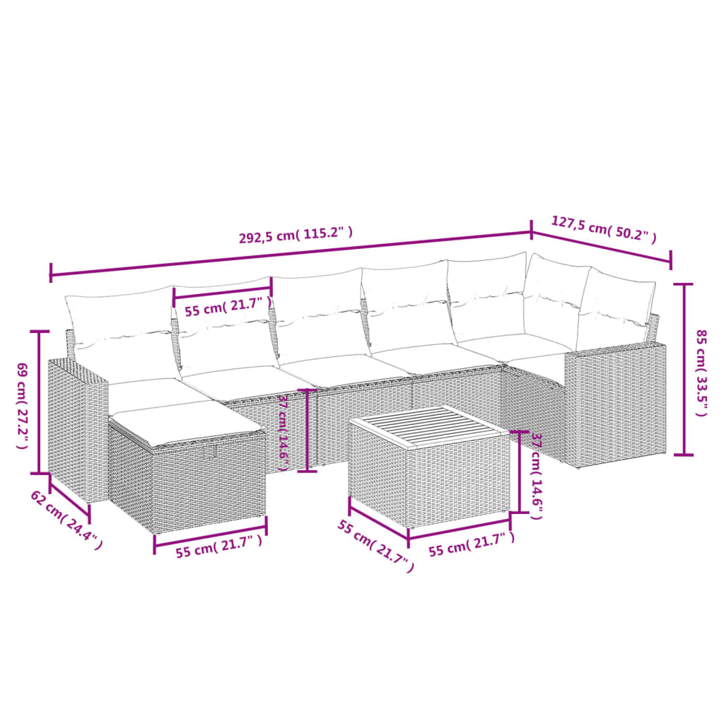 8 pcs conjunto sofás de jardim c/ almofadões vime PE cinzento