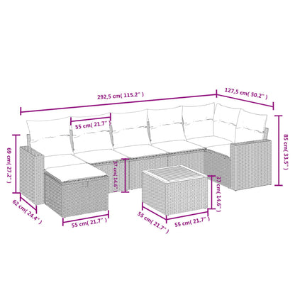 8 pcs conjunto sofás de jardim c/ almofadões vime PE cinzento