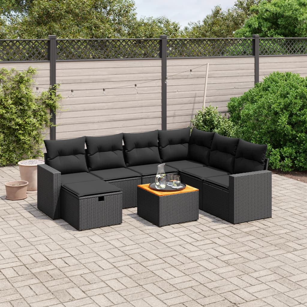 8 pcs conjunto sofás de jardim com almofadões vime PE preto