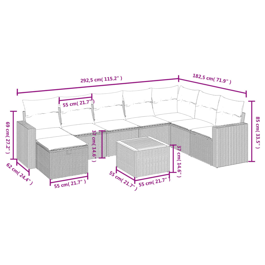 9 pcs conjunto de sofás p/ jardim c/ almofadões vime PE preto