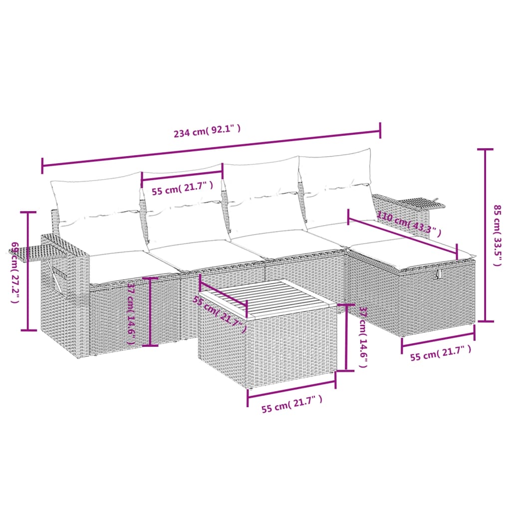 6 pcs conjunto sofás de jardim c/ almofadões vime PE preto