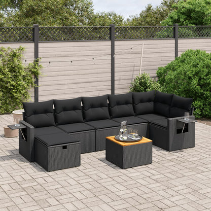 8 pcs conjunto sofás de jardim com almofadões vime PE preto