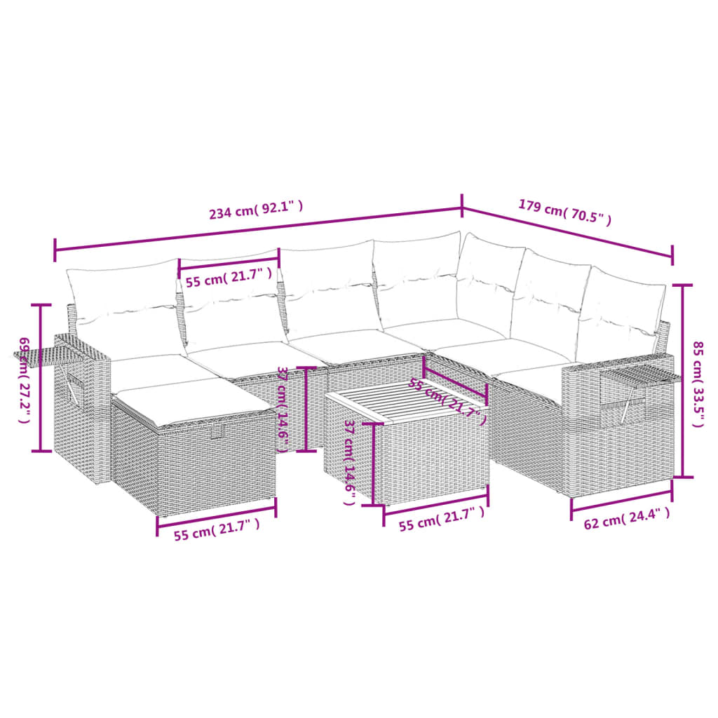 8 pcs conjunto sofás de jardim com almofadões vime PE preto