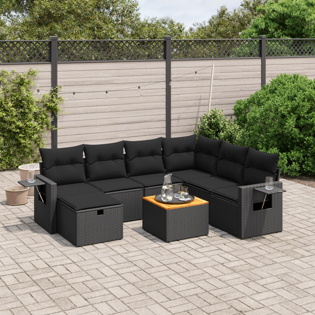 8 pcs conjunto sofás de jardim com almofadões vime PE preto