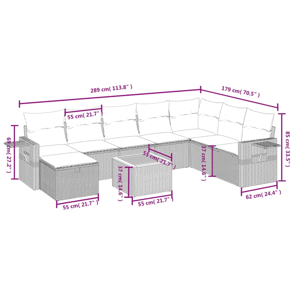 9 pcs conjunto sofás p/ jardim com almofadões vime PE cinzento