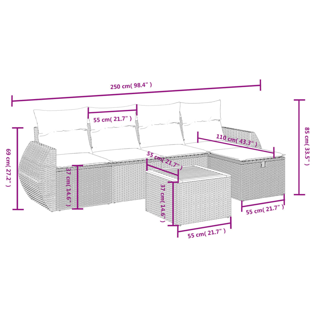 6 pcs conjunto sofás de jardim c/ almofadões vime PE preto