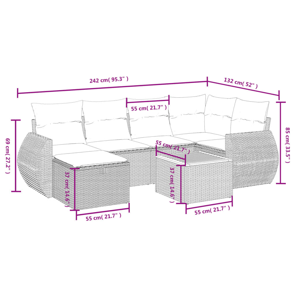 7 pcs conjunto de sofás p/ jardim c/ almofadões vime PE preto