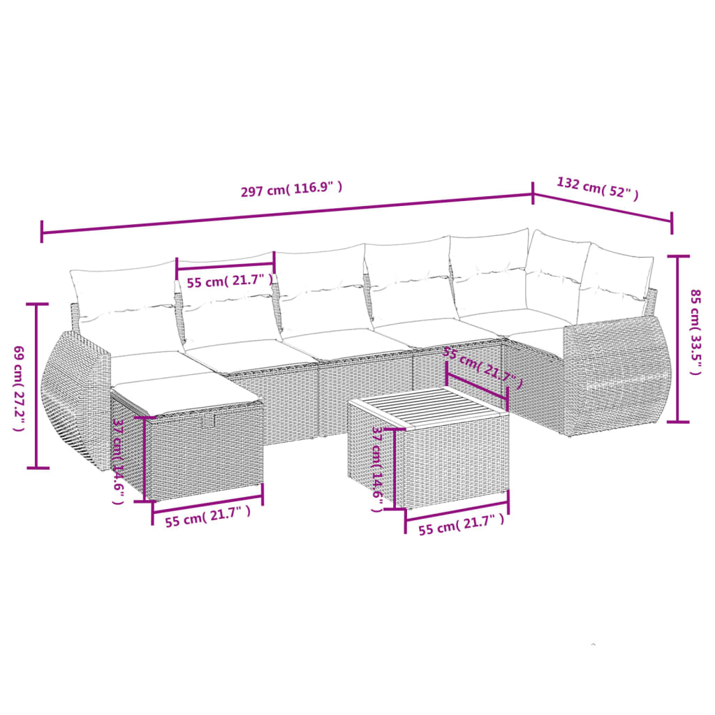 8 pcs conjunto sofás de jardim com almofadões vime PE preto