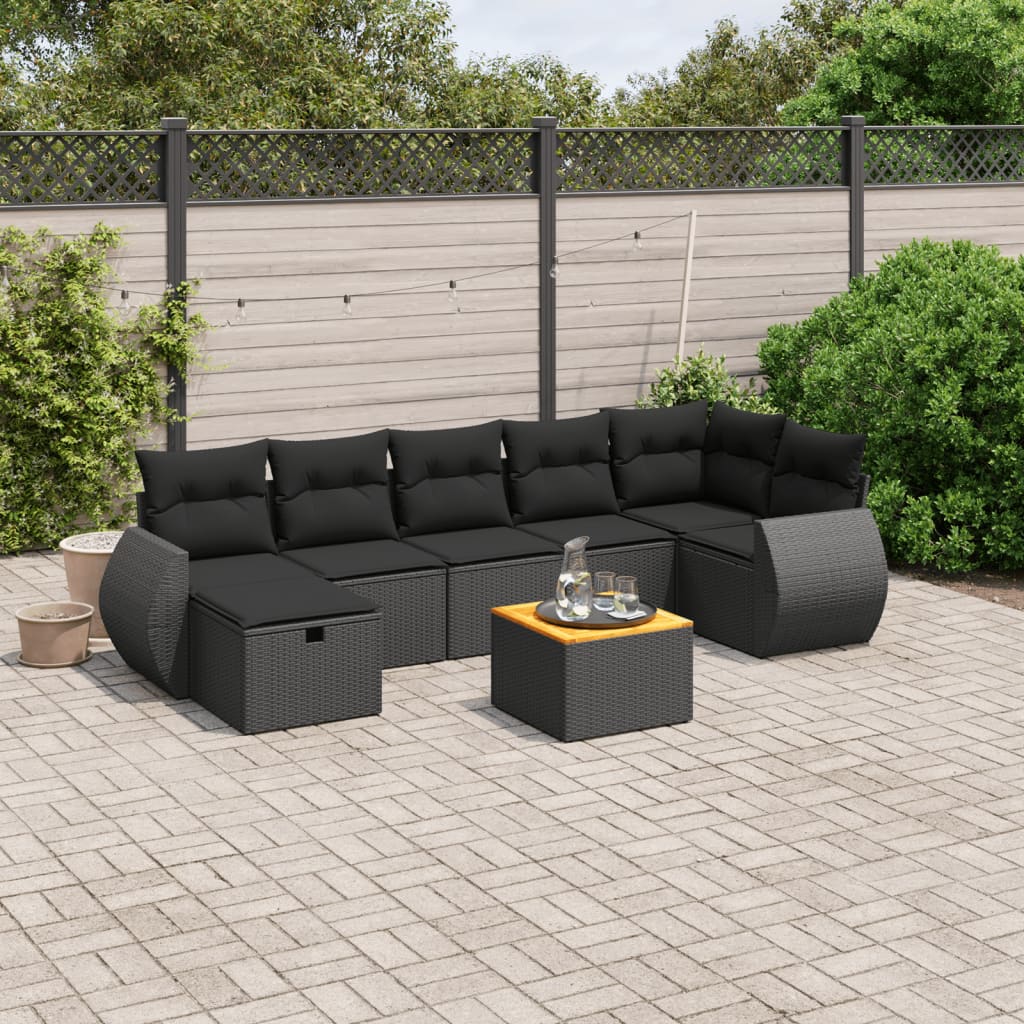 8 pcs conjunto sofás de jardim com almofadões vime PE preto