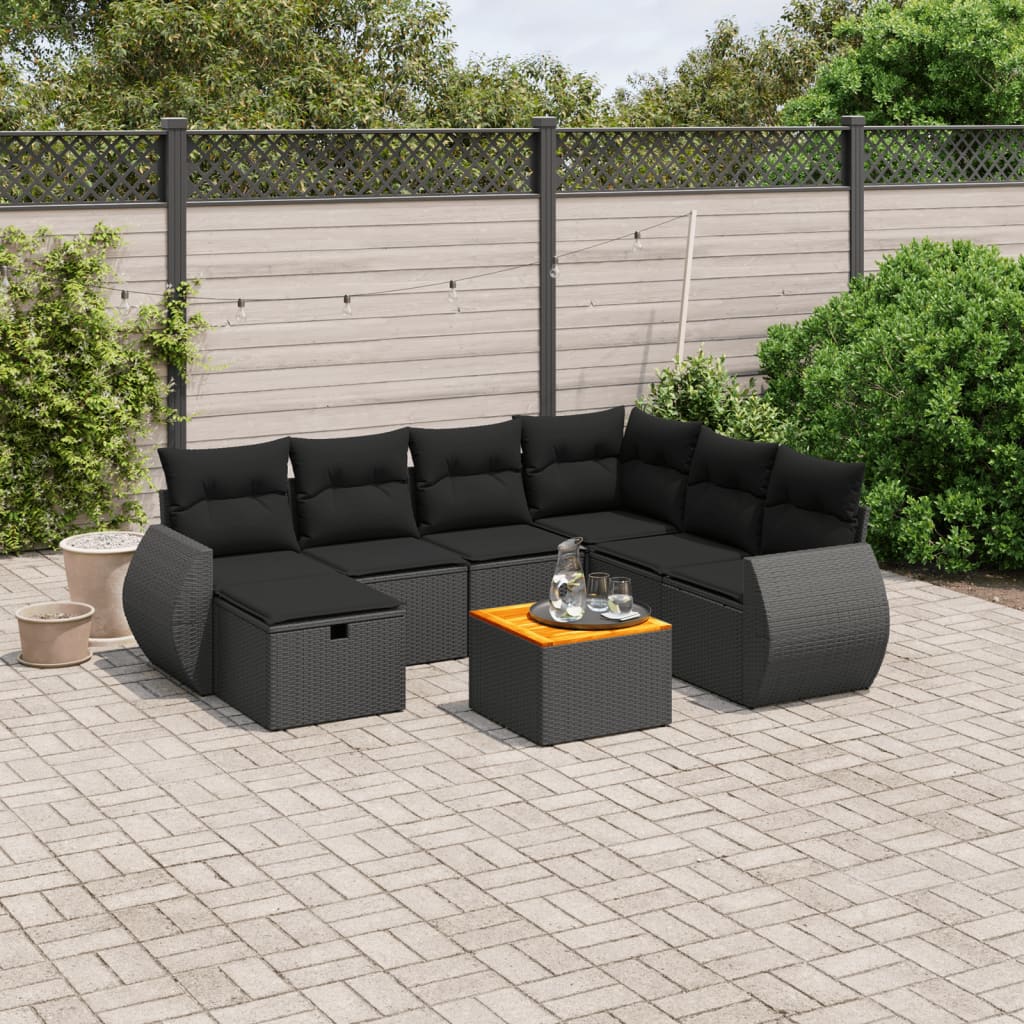 8 pcs conjunto sofás de jardim com almofadões vime PE preto