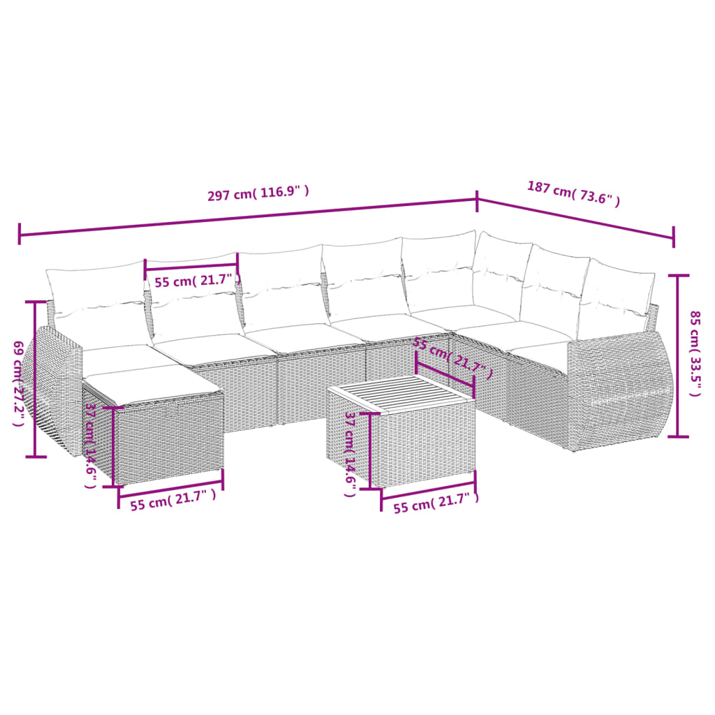 9 pcs conjunto de sofás p/ jardim c/ almofadões vime PE preto