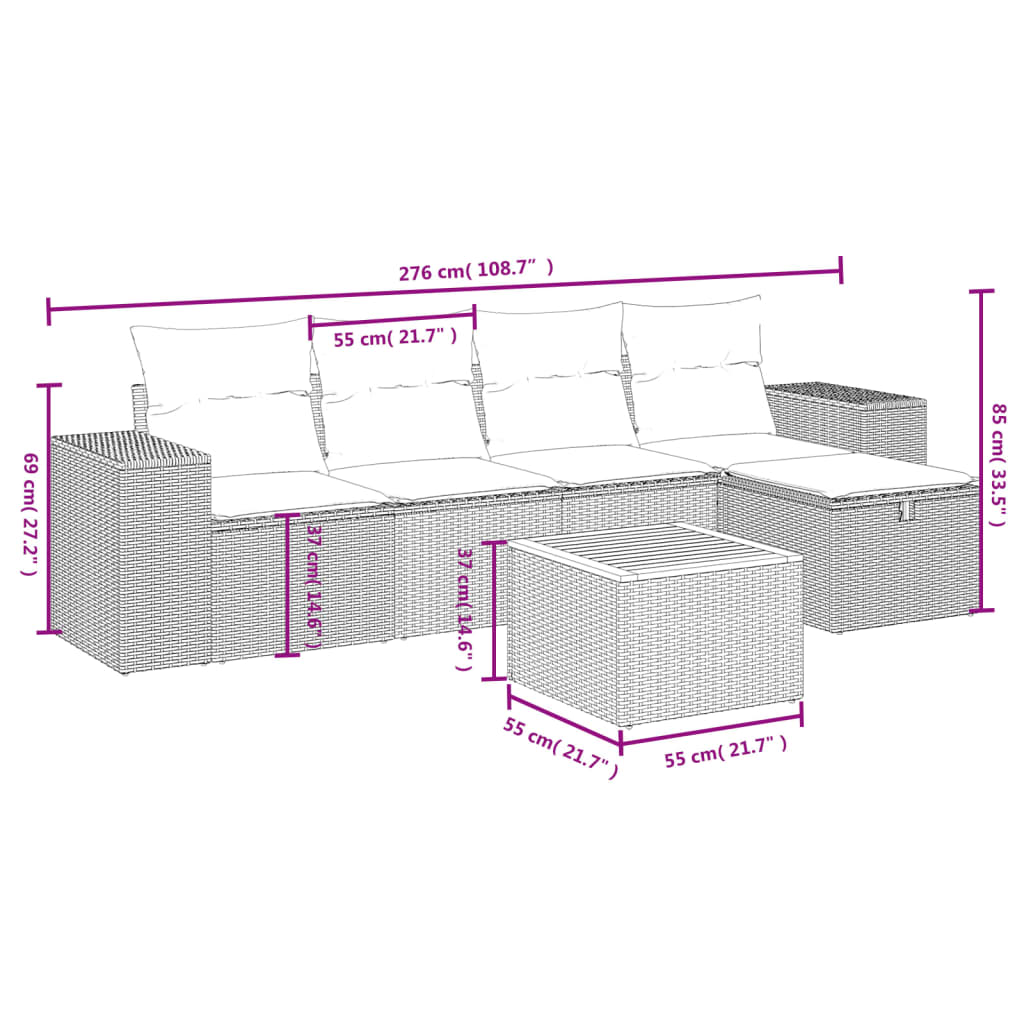 6 pcs conjunto sofás de jardim com almofadões vime cinzento