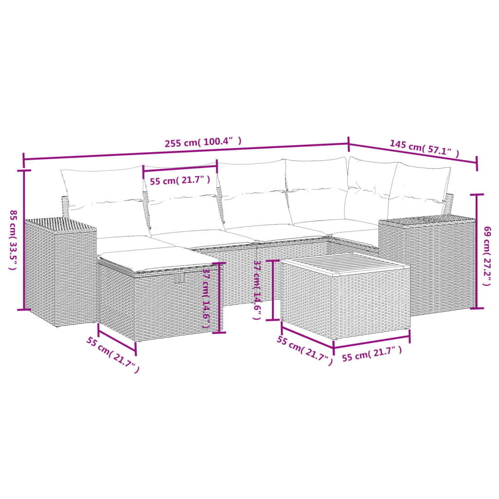 7 pcs conjunto sofás p/ jardim c/ almofadões vime PE cinzento