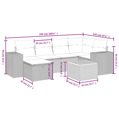 7 pcs conjunto sofás p/ jardim c/ almofadões vime PE cinzento