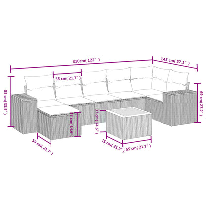 8 pcs conjunto sofás de jardim c/ almofadões vime PE cinzento