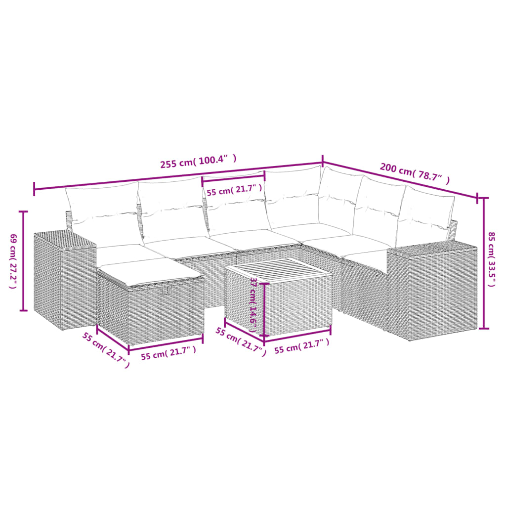 8 pcs conjunto sofás de jardim c/ almofadões vime PE cinzento