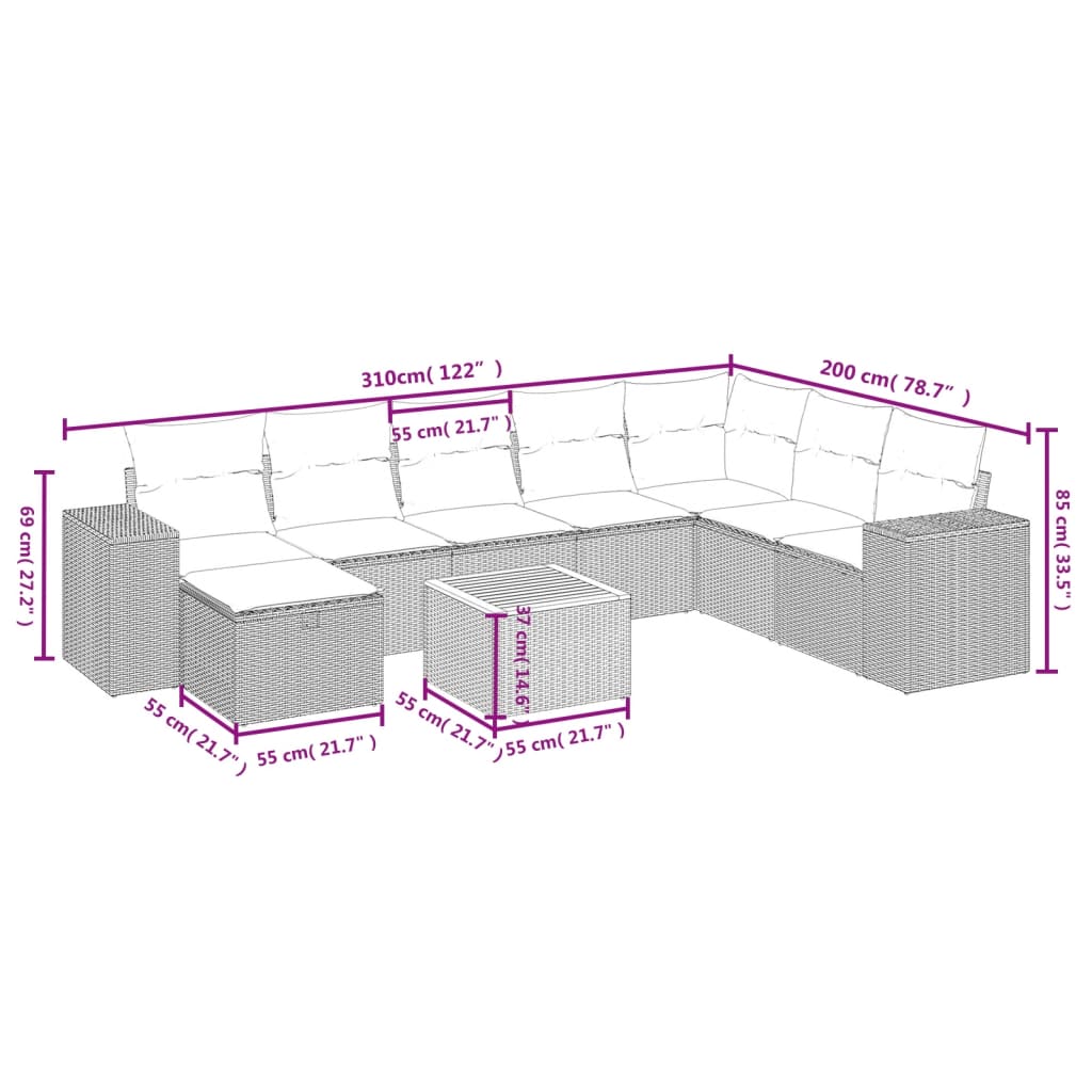 9 pcs conjunto sofás p/ jardim com almofadões vime PE cinzento