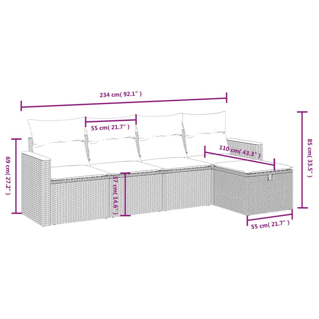 5 pcs conjunto sofás de jardim c/ almofadões vime PE cinzento