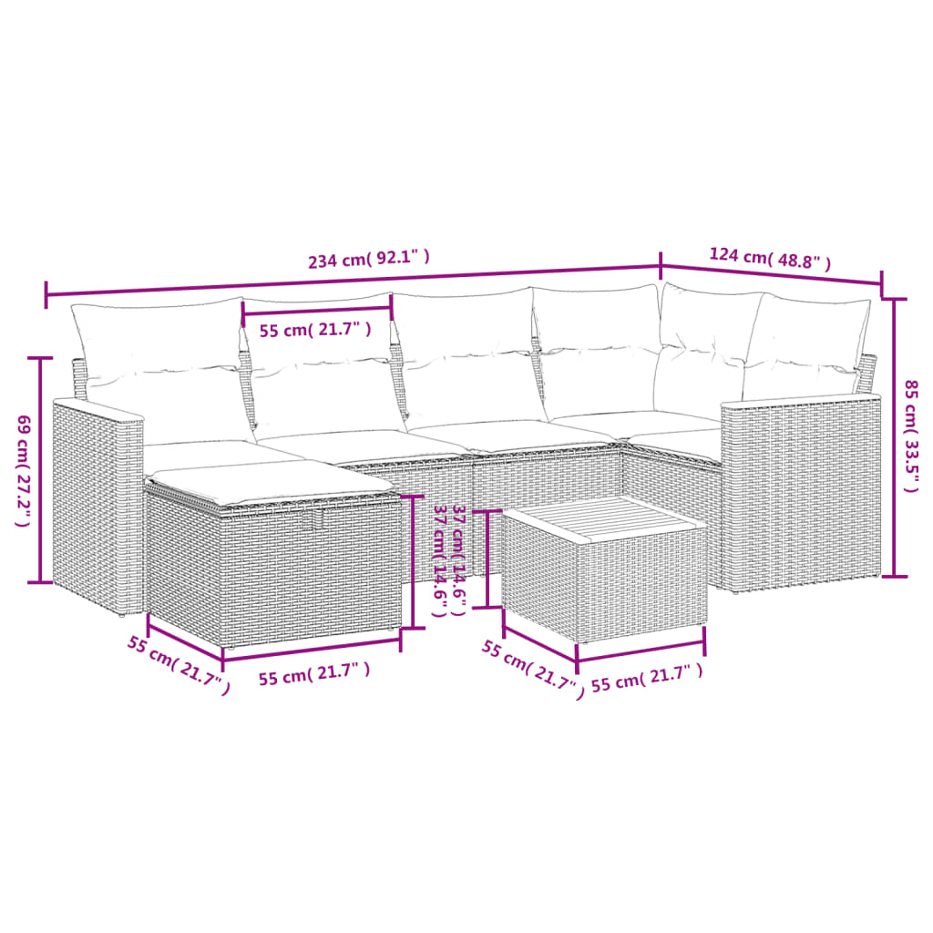 7 pcs conjunto de sofás p/ jardim c/ almofadões vime PE preto