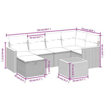 7 pcs conjunto sofás p/ jardim c/ almofadões vime PE cinzento