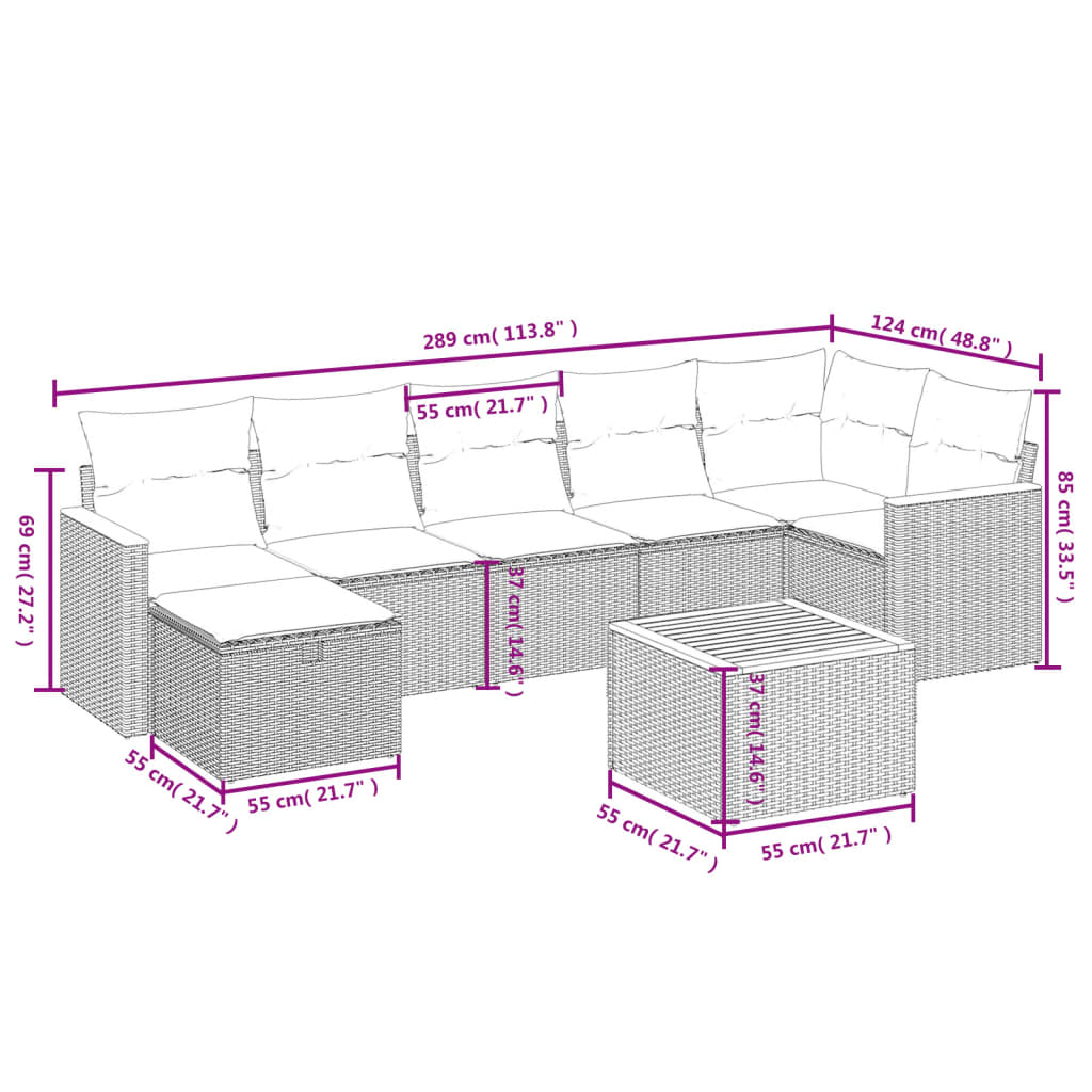 8 pcs conjunto sofás de jardim c/ almofadões vime PE cinzento