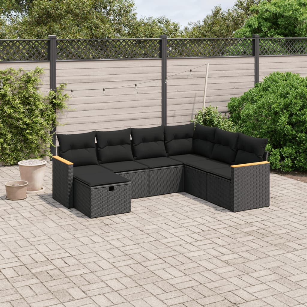 7 pcs conjunto de sofás p/ jardim c/ almofadões vime PE preto