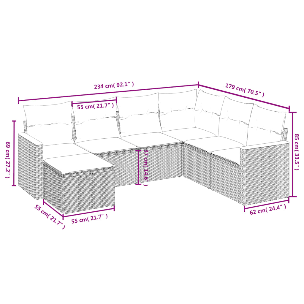 7 pcs conjunto de sofás p/ jardim c/ almofadões vime PE preto