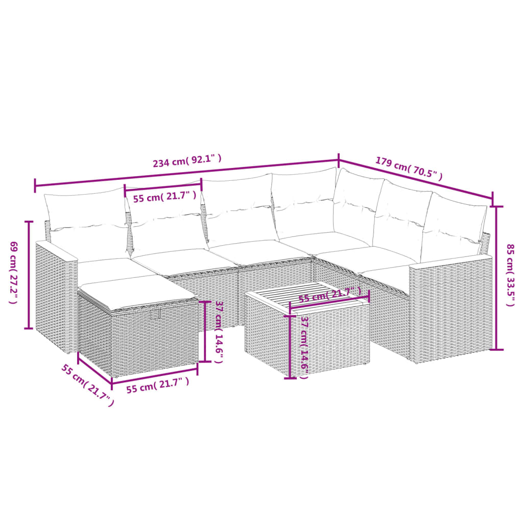 8 pcs conjunto sofás de jardim com almofadões vime PE preto