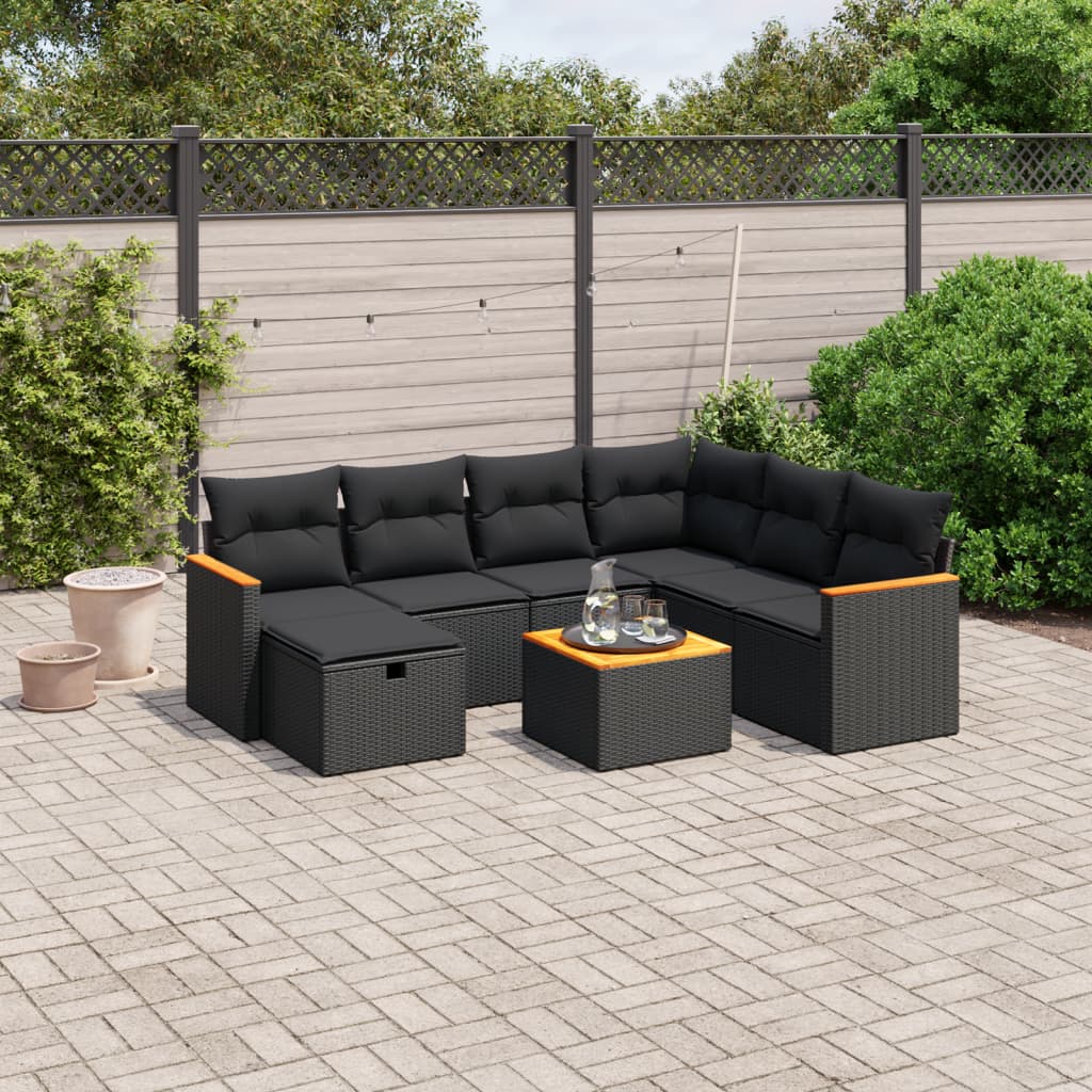 8 pcs conjunto sofás de jardim com almofadões vime PE preto