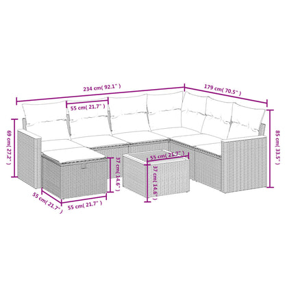 8 pcs conjunto sofás de jardim c/ almofadões vime PE cinzento