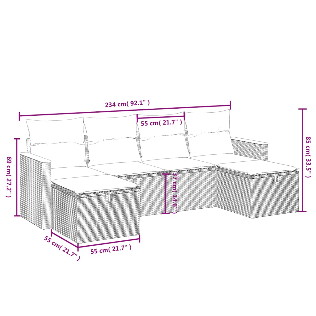 6 pcs conj. sofás jardim c/ almofadões vime PE bege misturado