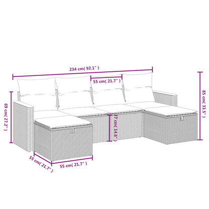 6 pcs conj. sofás jardim c/ almofadões vime PE bege misturado