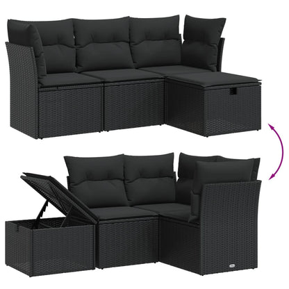 4 pcs conjunto de sofás para jardim c/ almofadões vime PE preto