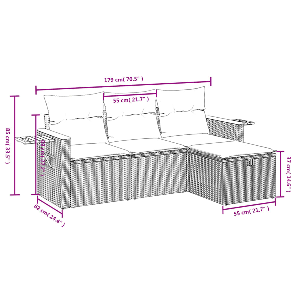 4 pcs conjunto sofás de jardim c/ almofadões vime PE cinzento