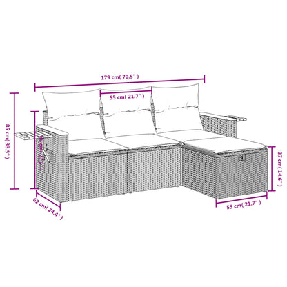 4 pcs conjunto sofás de jardim c/ almofadões vime PE cinzento