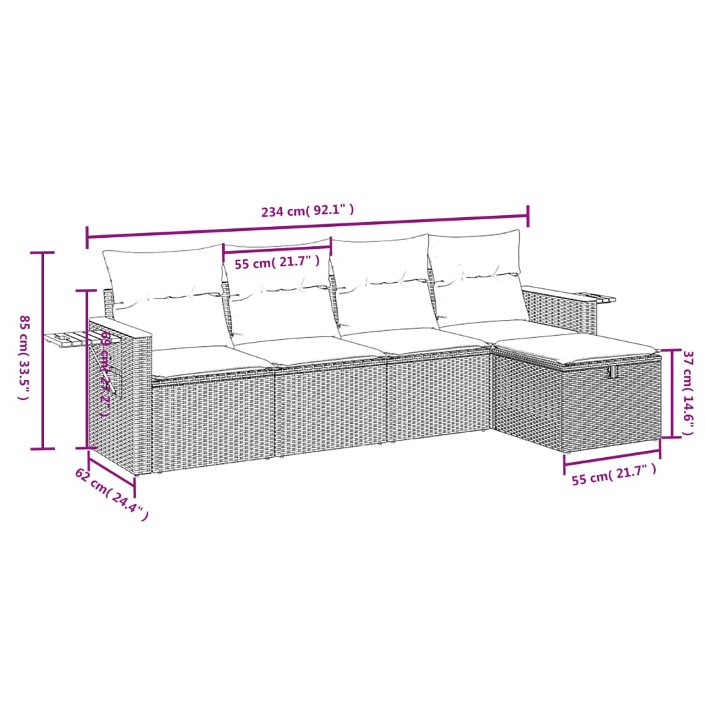 5 pcs conjunto sofás de jardim c/ almofadões vime PE cinzento