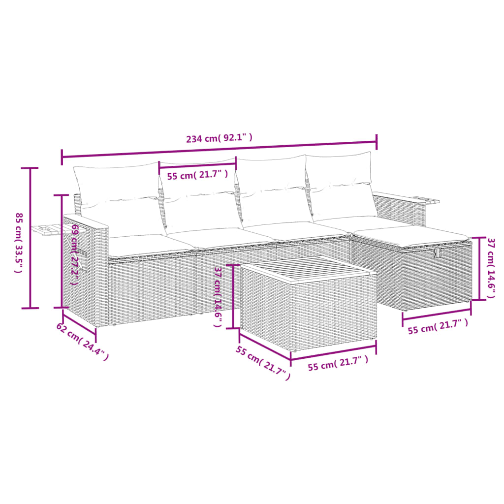 6 pcs conjunto sofás de jardim com almofadões vime cinzento