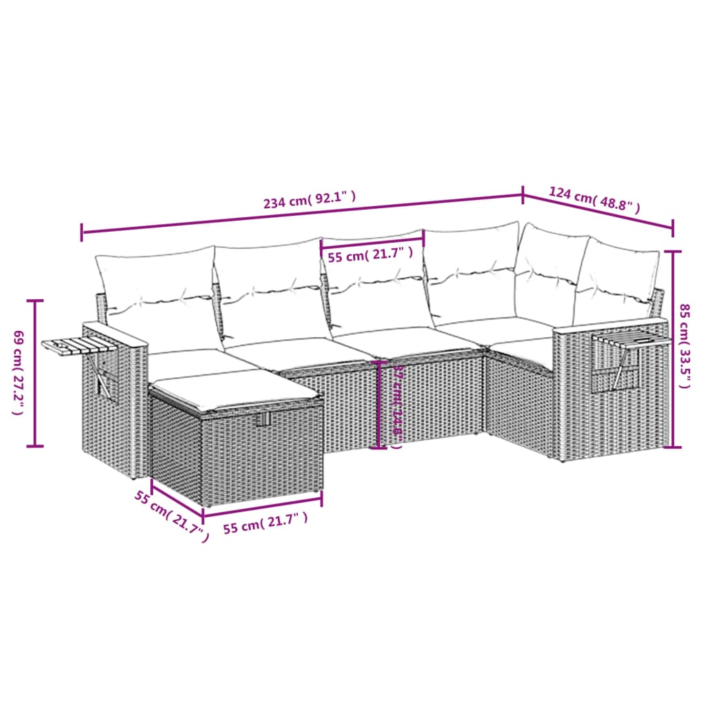 6 pcs conj. sofás jardim c/ almofadões vime PE bege misturado