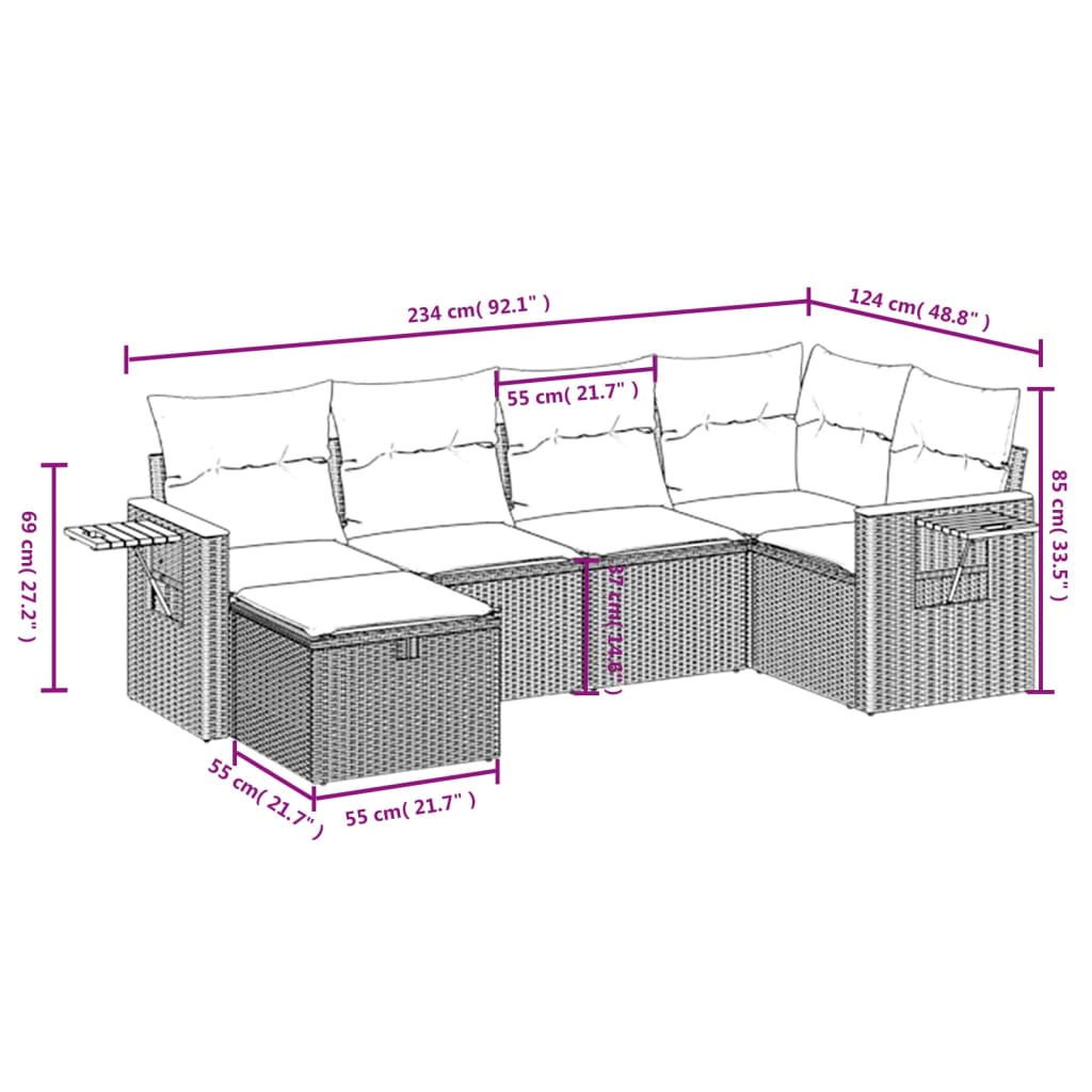 6 pcs conjunto sofás de jardim com almofadões vime cinzento