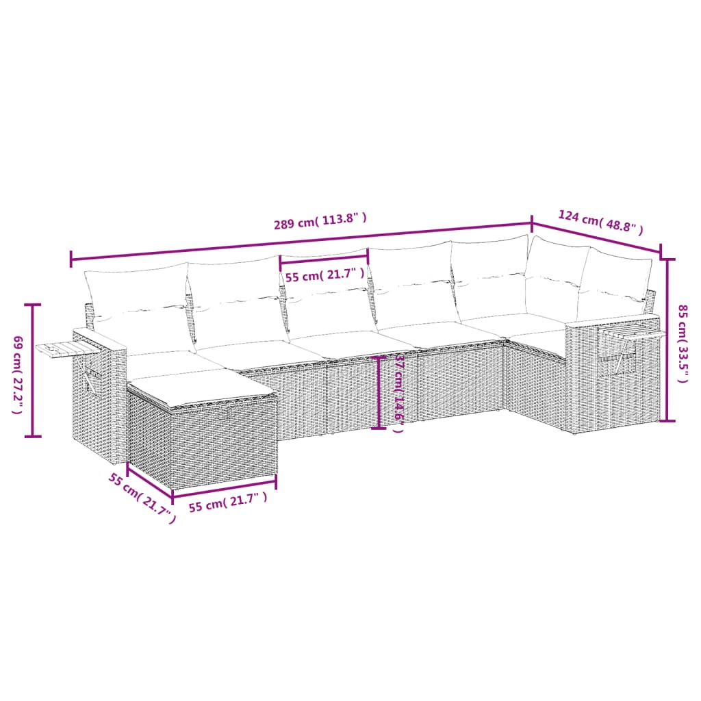 7 pcs conj. sofás jardim c/ almofadões vime PE bege misturado